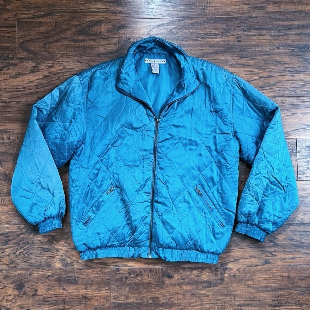 vintage • 80s silk bomber jacket quilted teal blue diamond zip front Robert Stoc